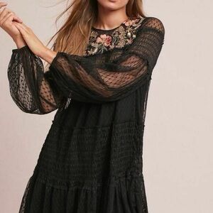 Maeve Anthropologie women’s black Samara mesh lace floral embroidery dress